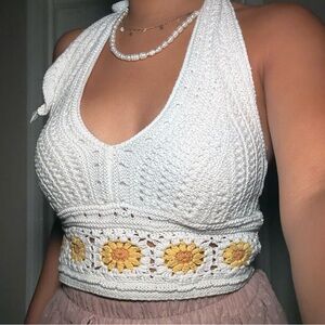 Hollister White and Yellow Crochet Halter Top